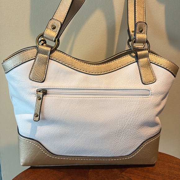 Boc Born shoulder bag white/gold trim & whip stitching 3 compartment NWT - Picture 9 of 17